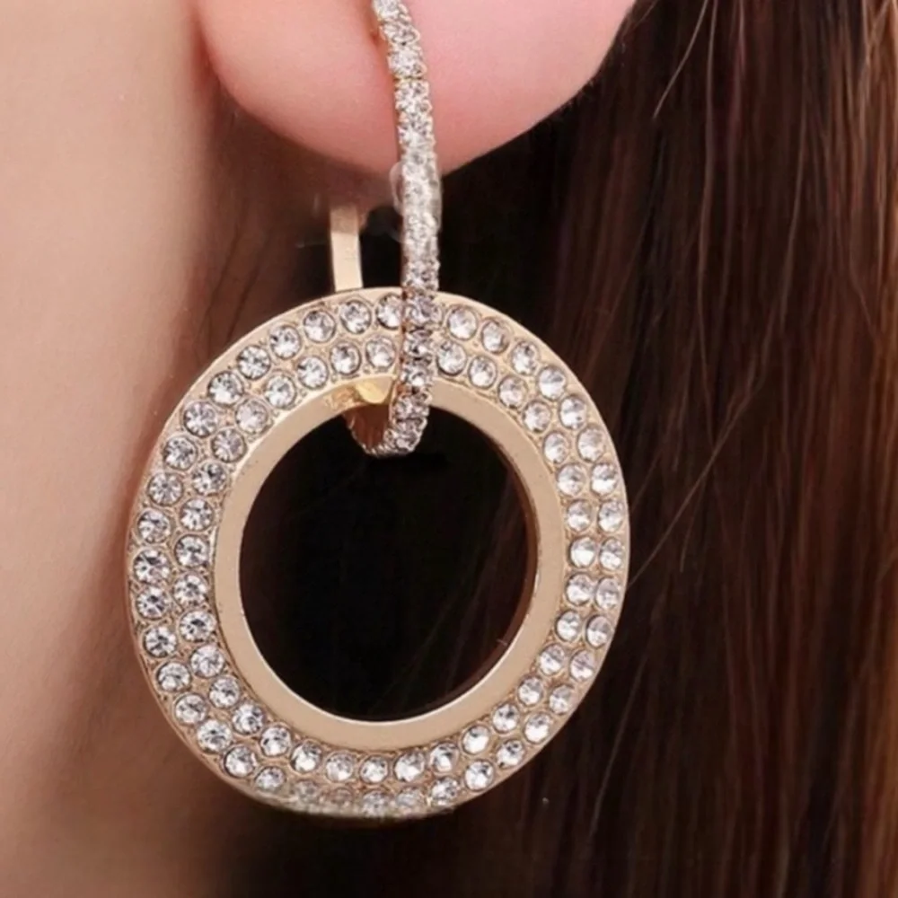 Rose Gold Bling Double Looped CZ Circle Hoops Dangling Earrings NWOT